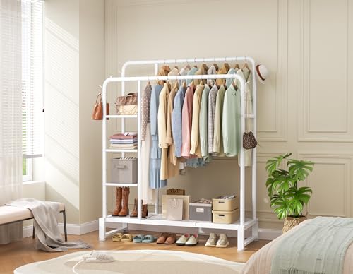 Double Rods Clothes Rack Clothing Rack with 4 Tier Storage Shelves Clothes Rack for Hanging Clothes Multifunctional Heavy Duty Clothes Organizer with Hooks for Bedroom,Wardrobe Closet,Shop,White - color: White
