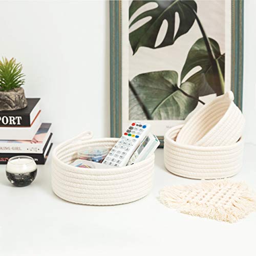 MINTWOOD Design Set of 3 Cotton Rope Nesting Bowls, Small Catch All Basket, Cute Closet Baskets and Bins for Shelves, Mini Table Basket Organizer for Small Accessories - color: Natural White