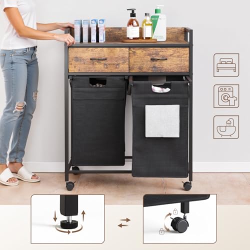 Mondeer Laundry Sorter with 2 Drawers, 100L with Pull-Out Removable Laundry Bags, Laundry Hamper Baskets with 2 Section and Wheels, Rustic Brown and Black - size: 2 Drawers