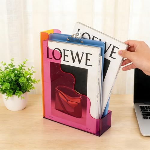 Acrylic File Organizer, Vertical Magazine File Holder, Cute Desk Storage for Holds Files Papers Magazines, Colorful
