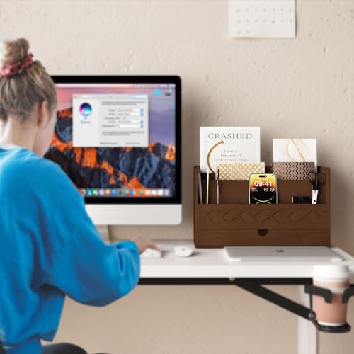Bamboo Mail Organizer Countertop Desktop With Drawer - All-in-One Desk File Organizer for Office Supplies Storage With Pencil Holder (Walnut) - color: Walnut