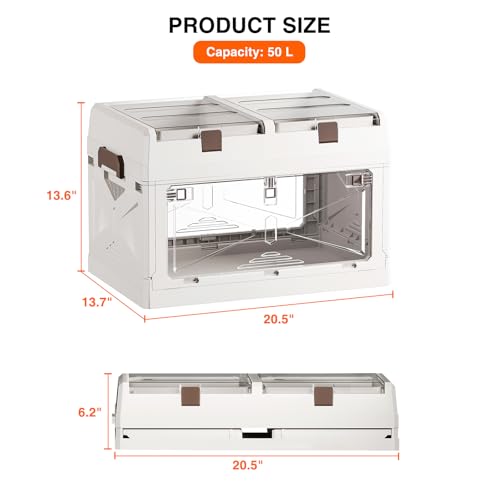 Closet Organizer and Storage Box, Large Essential Collapsible Plastic Car Trunk Container with Clear Lids and Doors, Open Front Multifunctional Stackable Bin for Bedroom, Dorm Room, Craft 50 L - color: White-M