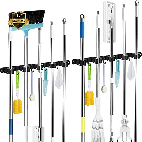 AceMining 2 Pack Black 5 Racks and 4 Hooks Mop and Broom Holder Wall Mount, Broom Organizer Storage Tool Racks Stainless Steel Heavy Duty Hooks Self Adhesive Solid Non-slip for Home Kitchen Garden - color: 5 Racks & 4 Hooks (Black) - 2 Pack