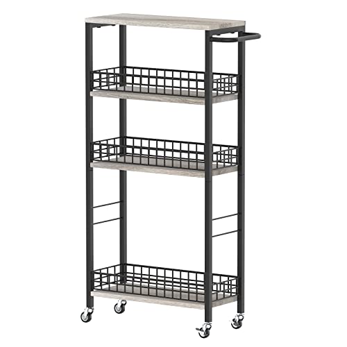 4 Tier Slim Storage Cart Narrow Laundry Cart on Wheels Utility Kitchen Rolling Cart with Wood Tabletop Mobile Shelving Unit Bathroom Storage Organizer Slide Out Rolling Tower for Narrow Spaces - color: Grey