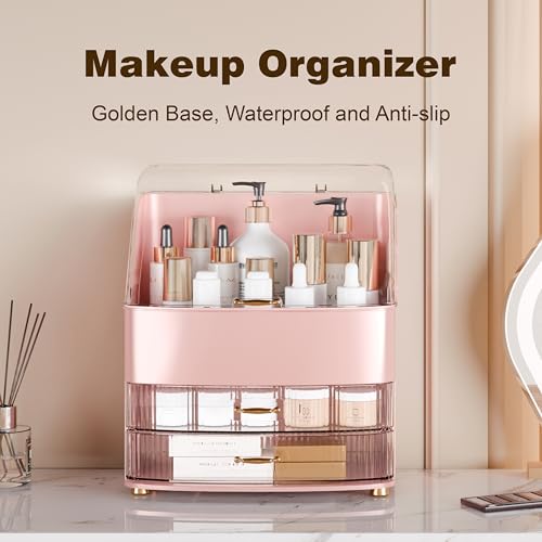 Makeup Organizer Countertop Vanity with Transparent Lid Drawers Waterproof Dustproof Cosmetic Skincare Bathroom Storage Gift for Women Teens Girls (Pink) - color: Pink