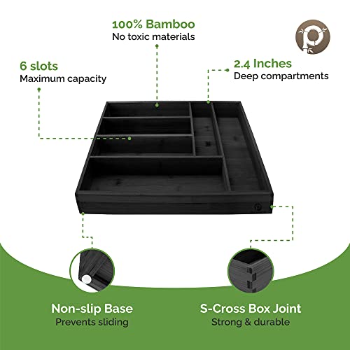 Pristine Bamboo silverware tray organizer– Flatware Utensil Cutlery Silverware Holder for Drawer – Small Extra-Deep Wooden Kitchen Drawer Organizer Divider for Spoons Forks Knives (6-Slots, Black) - color: Black, size: 6 Slot
