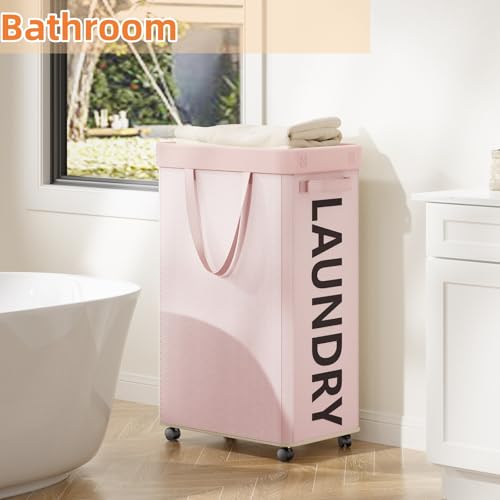 Optish Pink Laundry Basket with Wheels, Dorm Room Essentials for Girls, 90L Rolling Laundry Hamper with Wheels and Removable Mesh Bag for Clothes, Bedroom, Bathroom, College - color: Pink