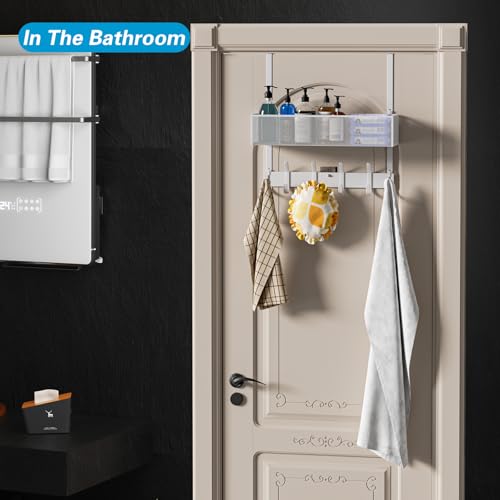 Over The Door Hooks Organizer, Over The Door Towel Rack with Mesh Basket, 10 Coat Hooks and 2 Wreath Hangers, Bathroom Door Organizer Back of Door Hanger for Bedroom, Kitchen(White) - color: White, size: 1 Basket