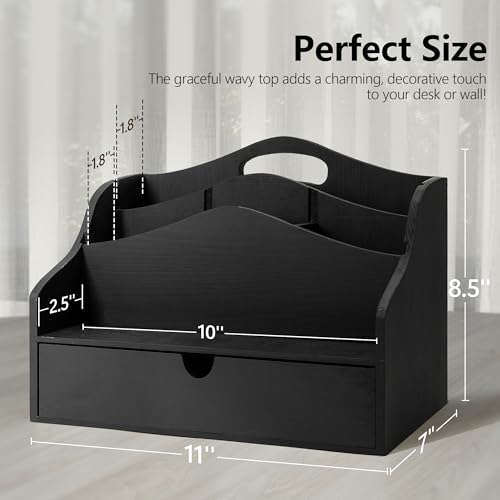 Rebee Vision Pine Wooden Mail Organizer for Desk - Modern Farmhouse Desk Organizer with Drawer & Dividers - 4-Slot Letter Sorter for Mail & Small Essentials - Office Organizer for Home Decor (Black) - color: A-Black