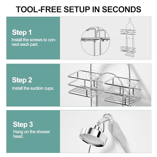 SRIWATANA Shower Caddy Organizer Hanging Over Head, Bathroom Shower Rack Hanger with Hooks for Razors - Chrome - color: Chrome