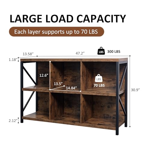 6 Cube Storage Organizer Bookshelf, Industrial Horizontal Bookcase, Accent Cubby Shelf, Media Console Table for Living Room, Home Office, 13.6" D x 47.2" W x 30.9" H, Rustic Brown - color: Rustic Brown, size: 6 Cube- 2 Tier