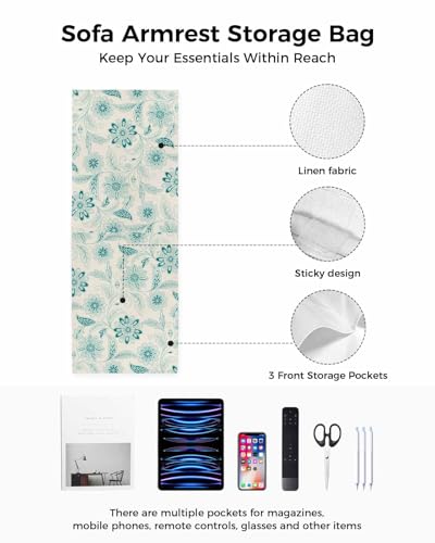Sofa Armrest Organizer Bedside Caddy, Vintage Turquoise Floral Non Slip Couch Remote Control Holder for Recliner, Rustic Abstract Flower Burlap Arm Chair Caddy with Pocket for Magazine Phone, 13"x35" - color: Turquoise, size: 13x35 in