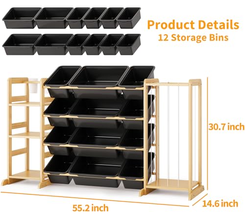 Toy Storage Organizer with Bookshelf and Stuffed Animal Storage - Kids Playroom Organization with Shelves and 12 Toy Bins - Toddler Living Room Toy Box for Lego - Nursery Bedroom Decor Essentials - color: Black, size: 55.2"W,3 Shelves,12 Bins