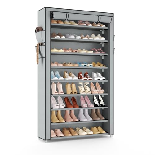 VILICK Shoe Rack with Cover Narrow Shoe Organizer with Pockets 10 Tier Tall Shoe Storage Holds 36-41 Pairs Shoes and Boots Shoe Rack for Closet Entryway Garage, Grey - color: Grey, size: 10 Tiers-34.6" Wide