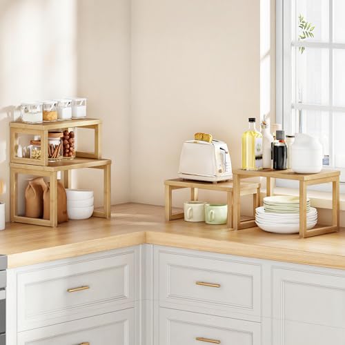 HOOBRO Cabinet Organizer Shelf, Set of 2 Kitchen Counter Shelves, Expandable Kitchen Storage, Stackable Bamboo Spice Rack, for Kitchen, Countertop, Office Desk, Living Room, Natural YL20TL01 - color: Natural