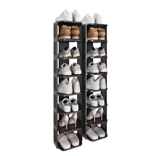 Kitstorack Stackable 16-Tier Shoe Rack for Closet & Entrance - Tall, Narrow, Vertical Shoe Stand - Plastic, Free Standing - Ideal for Small Spaces - color: Black, size: 16 Tiers