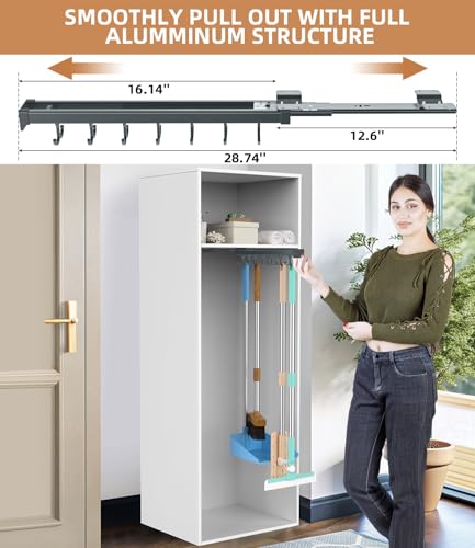 Pull Out Broom Holder, Multifunctional Slide Broom And Mop Storage/Organizer With Adjustable Double Row Sliding Hook, Garage Organization Hooks, for Closet Laundry Garage Kitchen - 41cm/16.141inch - color: Dark grey, size: 16.14 inches