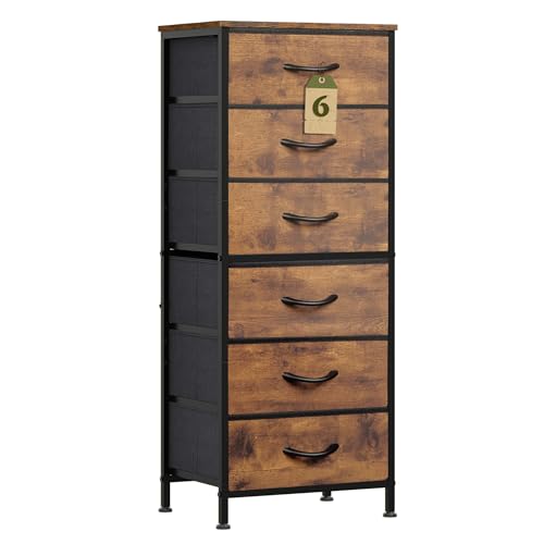 WLIVE Tall Dresser for Bedroom, 6 Drawer Vertical Fabric Dresser, Skinny Chest of Drawers, Narrow Storage Tower with Wood Top and Metal Frame, Tall Nightstand for Closet, Rustic Brown Wood Grain Print - color: Rustic Brown Wood Grain Print, size: 11.73"D