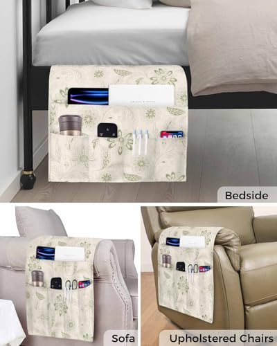 Sofa Armrest Organizer Bedside Caddy, Vintage Green Floral Non Slip Couch Remote Control Holder for Recliner, Rustic Abstract Flower Burlap Arm Chair Caddy with Pocket for Magazine Phone, 19.7"x35" - color: Sage Green, size: 19.7x35 in