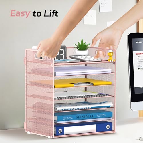 7 Tier Paper Organizer - Mesh Desktop File Holder with Handles for Office School Desk, Black (Pink) - color: Pink