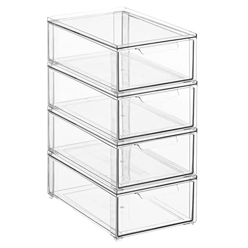 mDesign Plastic Stackable Bathroom Storage Organizer Bin with Pull Out Drawer for Cabinet, Vanity, Shelf, Cupboard, Cabinet, or Closet Organization - Lumiere Collection - 4 Pack - Clear - size: 8 x 12 x 4 (Pack of 4)