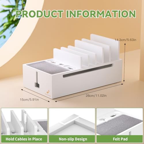 Pezin & Hulin Bamboo Charging Dock Station for Electronic Devices, Docking Organizer for Phone and Tablets, Smart Watch, Earbuds, Power Strip Box (Included 5-Port USB Charger and 6 Cables) -White - color: White