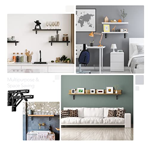 Ravinte 2 Pack 8 Inch Folding Shelf Brackets – Matte Black, Heavy Duty Collapsible Brackets for Tables and Benches – Space-Saving Design - size: 8 Inch