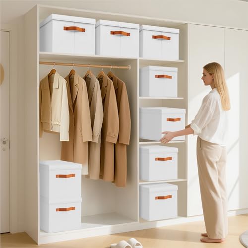 Homsorout Storage Bins with Lids - Fabric Storage Baskets for Shelves, 4 Pack Foldable Decorative Boxes with Handles, Stackable Organizer Bins for Home, Nursery, Dorm, White - color: White, size: L(4-Pack)