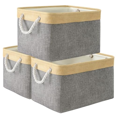 TheWarmHome Storage Basket for Organizing - Fabric Large Cubes 3 Pack 16x12x12 inch Baskets, Cube Storage Bin for Shelves Organizer Closet Cloth Gift Toy (Gold & Grey) - color: Gold&Grey, size: 3PCS/Large Cube - 16L×12W×12H