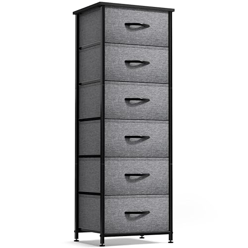 Sorbus Fabric Dresser for Kids Bedroom - Chest of 6 Drawers, Tall Storage Tower, Clothing Organizer, for Closet, for Playroom, for Nursery, Steel Frame, Fabric Bins - Wood Handle (Greige) - color: Black, style: 6 Drawer