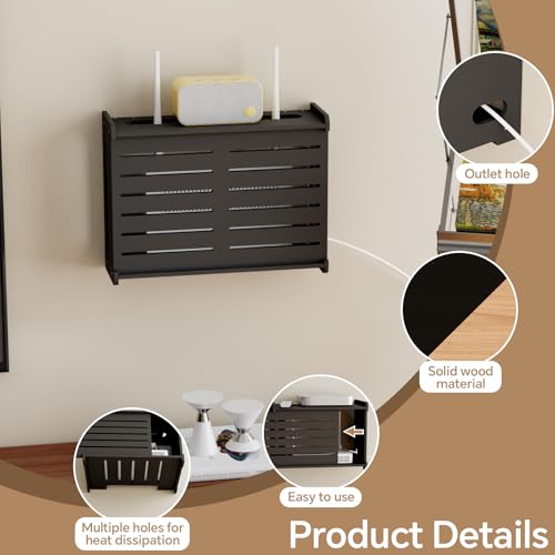 Wooden WiFi Router Storage Box Hider Shelf, Decorative Projector Box Hider Rack Countertop, for Cable, Modem, Internet, Router Power Cover Storage Organizer Cabinet Wall Mounted, Black - color: Black, size: Small