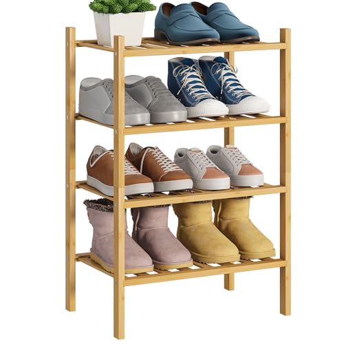 BMOSU 4-Tier Bamboo Small Shoe Rack Premium Stackable Shoe Shelf Storage Organizer for Hallway Closet Living Room Entryway Organizer (Natural Bamboo) - color: Natural Bamboo, size: Small-4-Tier（17*11*25.2inches）