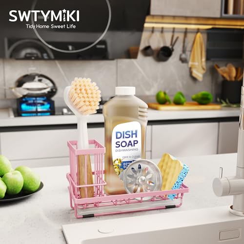 SWTYMIKI Sink Caddy Sponge Holder - Kitchen Sink Organizer with High Brush Holder for Countertop to Hold Dish Soaps and Sponges, Stainless Steel, Pink - color: Pink, size: Medium