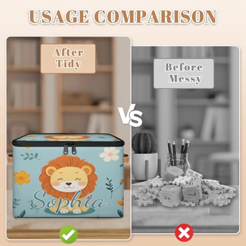 Custom Storage Basket with Name, Personalized Storage Bins with Zipper Lid, Foldable Fabric Storage Box Large capacity with Handle Flower Lion - color: Option 10