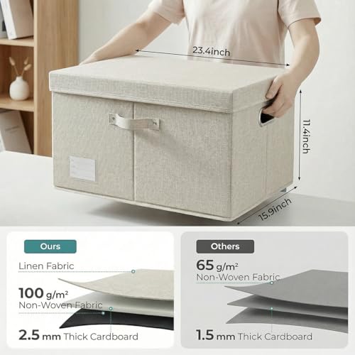 PRANDOM Storage Bins with Lids [3-Pack] Linen Fabric Foldable Storage Boxes Organizer Containers Baskets Cube with Cover for Bedroom Closet Office Beige (23.4X15.9X11.4) - color: Beige, size: XL(3-Pack)