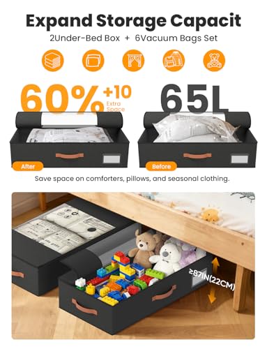 2-Pack Under Bed Storage Bins with Wheels and 6 Vacuum Seal Bags, Heavy Duty 80lbs Capacity, 65L Clear Lid Organizer for Dorm Bedroom Clothes Shoes Toys, Quick Assembly Space Saver (Black, 7.9'' PLUS) - color: Black, size: 7.9 inches PLUS
