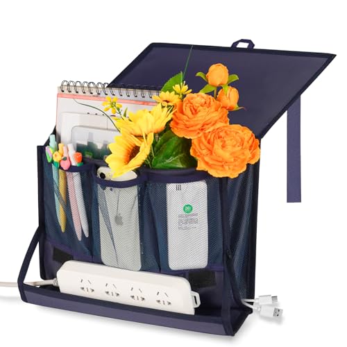 Bedside Storage Organizer with Power Strip Holder and Adjustable Straps Bed Hanging Bag for Home Bunk Bed Dorm Sofa (Navy Blue) - color: Navy Blue