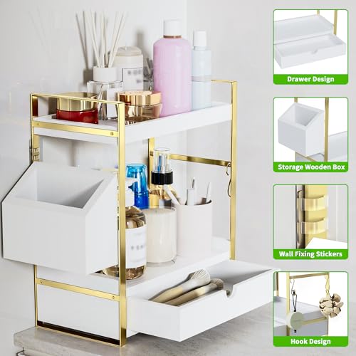 2-Tier Bathroom Counter Organizer with Drawer and Basket, Wood Countertop Organizer for Storage, Skincare Organizers for Vanity, Counter Shelf for Bathroom Organization(White-gold) - color: White-gold