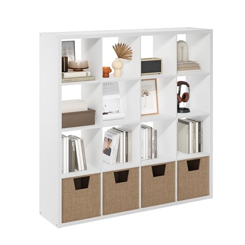 Furinno Cubicle Book Shelf, 16-Cube Bookshelf, Extra Thick Frame Reversible Tall Wide Bookcase with Open Back, 14.6 x 57.8 x 58, for Living Room, Bedroom, Home Office, Plain White - color: Plain White, size: 16-Cube