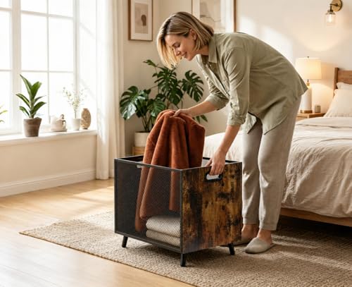 Blanket Storage, Laundry Hamper Laundry Basket With Rustic Industrial Design, Blanket Basket For Living Room, Wood And Metal Mesh Construction