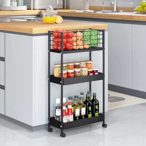 KINGRACK Slim Rolling Storage Cart 3 Tier - Heavy Duty Metal Utility Cart with Raised Edge & Wheels, Narrow Small Mobile Organizer Shelves for Bathroom, Kitchen, Laundry, Office, Living Room, Black - color: Black, size: 3-Tier