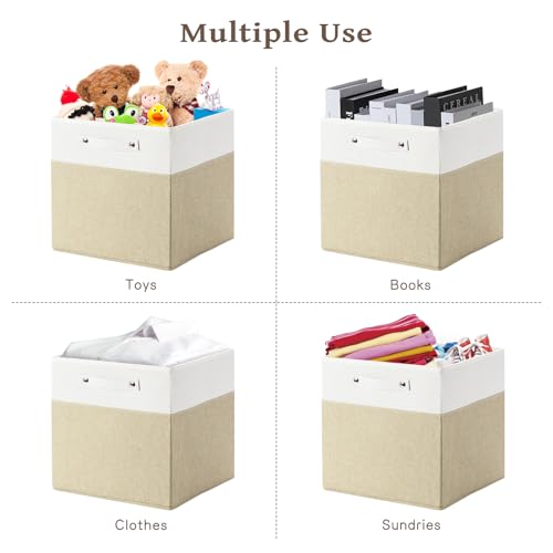 FinishingBo 13 x 13 Inch Fine Linen Storage Bins with Handles，Fabric Cube Boxs，Basket Organizers for Shelves for Home, Closet Drawers (White/Khaki-6 Pack) - color: White/Khaki-6 Pack