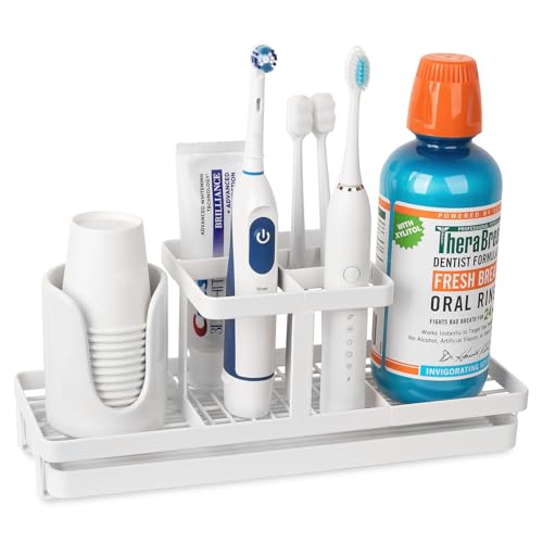 Toothbrush Holders for Bathrooms, Carbon Steel Tooth Brushing Holder Electric Toothbrush and Toothpaste Organizer Bathroom Accessories for Countertop, Shower, Sink, 5 Slots, White - color: White, size: Large
