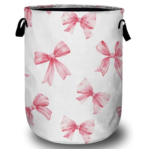 Pink Bow Laundry Basket, Laundry Hamper Collapsible Oxford Cloth with Handle Clothes Toy Storage Bin for Bathroom Laundry Room Bedroom 15.7 X 20 Inch - color: Pink Bow