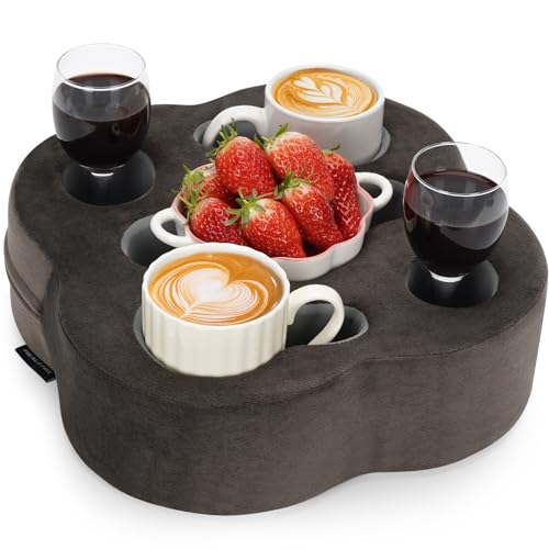 Couch Cup Holder Pillow, Sofa Organizer Caddy Bed Refreshment Tray for Drinks, Remotes, Phones, Snacks (Soot) - color: Soot, size: 12*12*3.7 Inch