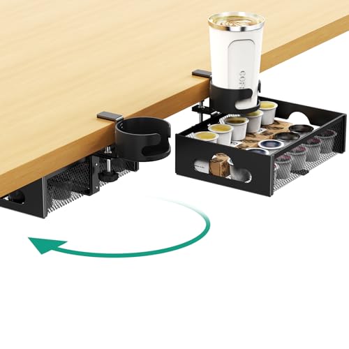 CABTE Desk Cup Holder with Drawer Organizer, Anti-Spill Clip-On Table Cup Hook with 360° Rotation Hidden Storage Box for Office Home Gaming Table (Black) - color: Black