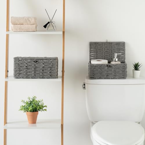 Mkono Storage Baskets Bin with Lid Decorative Paper Rope Handwoven Basket Organizer for Shelves Wardrobe Toilet Tank Top, Rectangular Wicker Home Decor Box for Bedroom Living Room, Set of 2, Grey