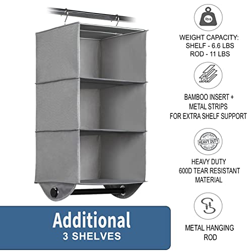 HOLDN’ STORAGE Hanging Closet Organizer with Garment Rod – Heavy Duty 3-Shelf Hanging Shelves for Clothes, Sweaters & Shoes, Reinforced 600D Fabric Storage Unit with Built-in Clothing Rod, Grey - size: 3 Shelves