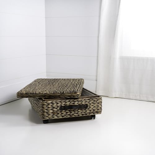 happimess BSK1006B 26.38" Chett Minimalist Hand-Woven Hyacinth/Wood Underbed Storage Bin with Wheels and Handles for Storage and Decoration in Bathroom, Bedroom,Closet,Entryway, Guest Room, Brown Wash - color: Brown Wash