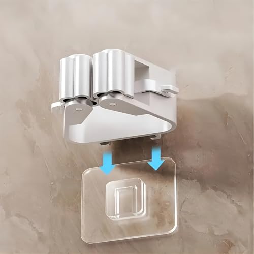 2Pcs Broom Holder Mop Hanger Wall Mount Hook Plastic Easy Install No-Drill Strong Adhesive Organizer - color: White, size: 2 Pcs